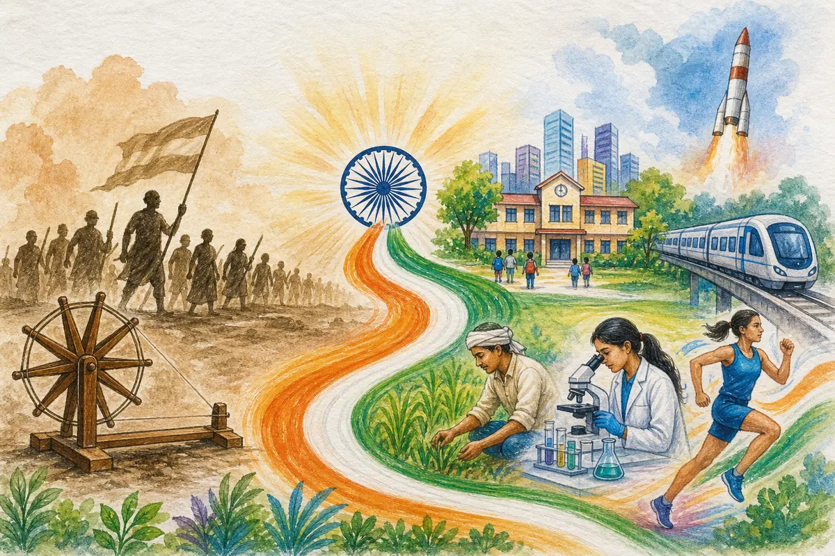 15 अगस्त ड्राइंग 2026: बच्चों के लिए Easy Independence Day Drawing और Poster Ideas 15 August Drawing में 1947 से 2026 तक भारत की यात्रा