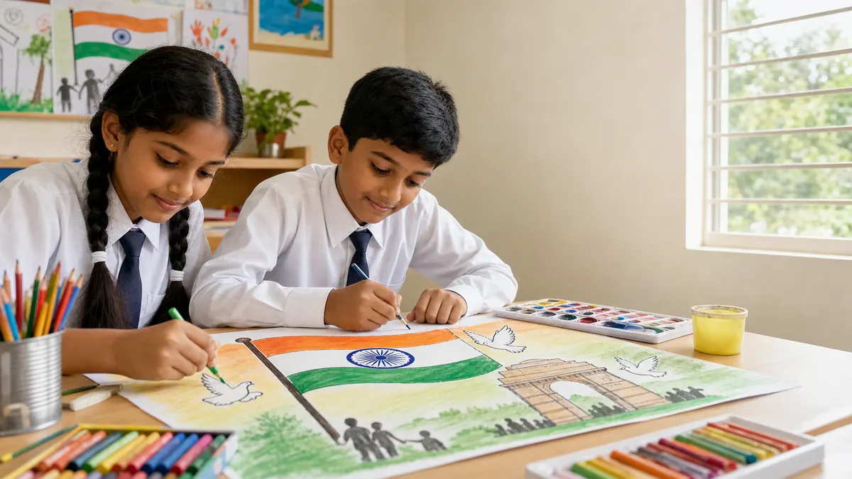 15 August Drawing 2026 बनाते स्कूली बच्चे