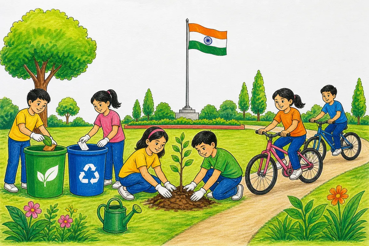 15 अगस्त ड्राइंग 2026: बच्चों के लिए Easy Independence Day Drawing और Poster Ideas 15 August Drawing में स्वच्छ और हरित भारत