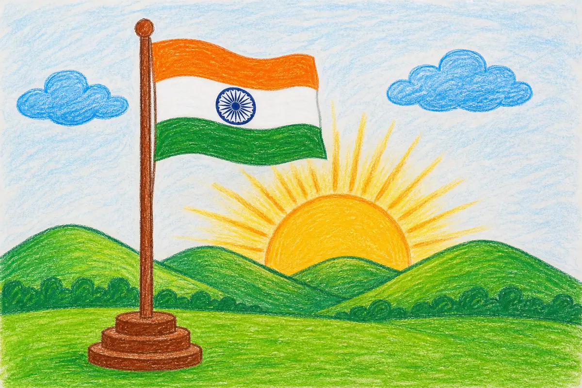 15 अगस्त ड्राइंग 2026: बच्चों के लिए Easy Independence Day Drawing और Poster Ideas 15 August Drawing में तिरंगा और उगता सूरज