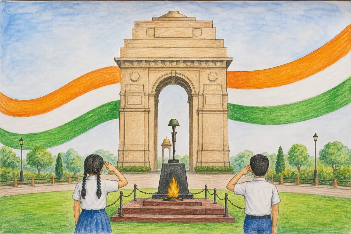15 अगस्त ड्राइंग 2026: बच्चों के लिए Easy Independence Day Drawing और Poster Ideas 15 August Drawing में इंडिया गेट और अमर जवान