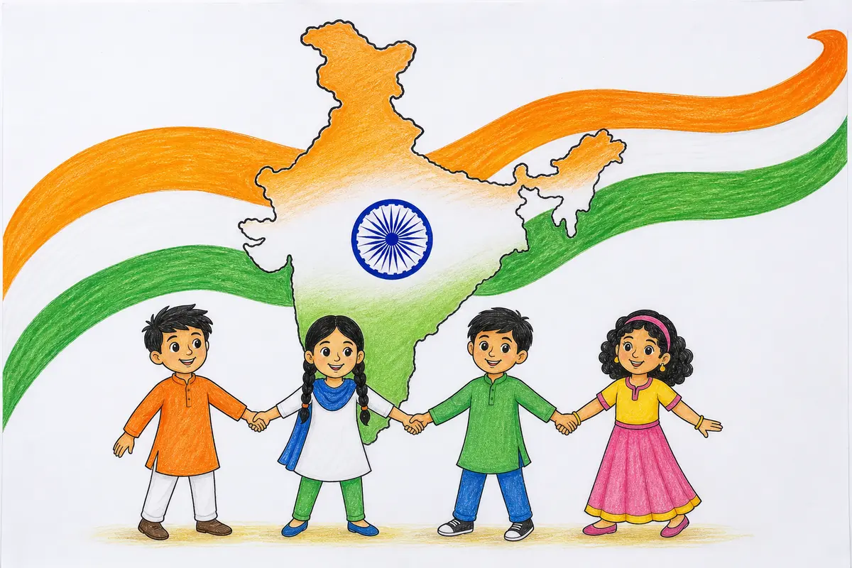 15 अगस्त ड्राइंग 2026: बच्चों के लिए Easy Independence Day Drawing और Poster Ideas 15 August Drawing में भारत का नक्शा और तिरंगा