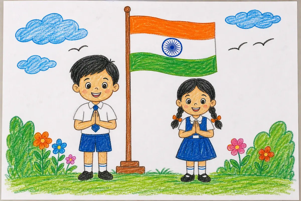 15 अगस्त ड्राइंग 2026: बच्चों के लिए Easy Independence Day Drawing और Poster Ideas 15 August Drawing में तिरंगा और मुस्कुराते स्कूली बच्चे