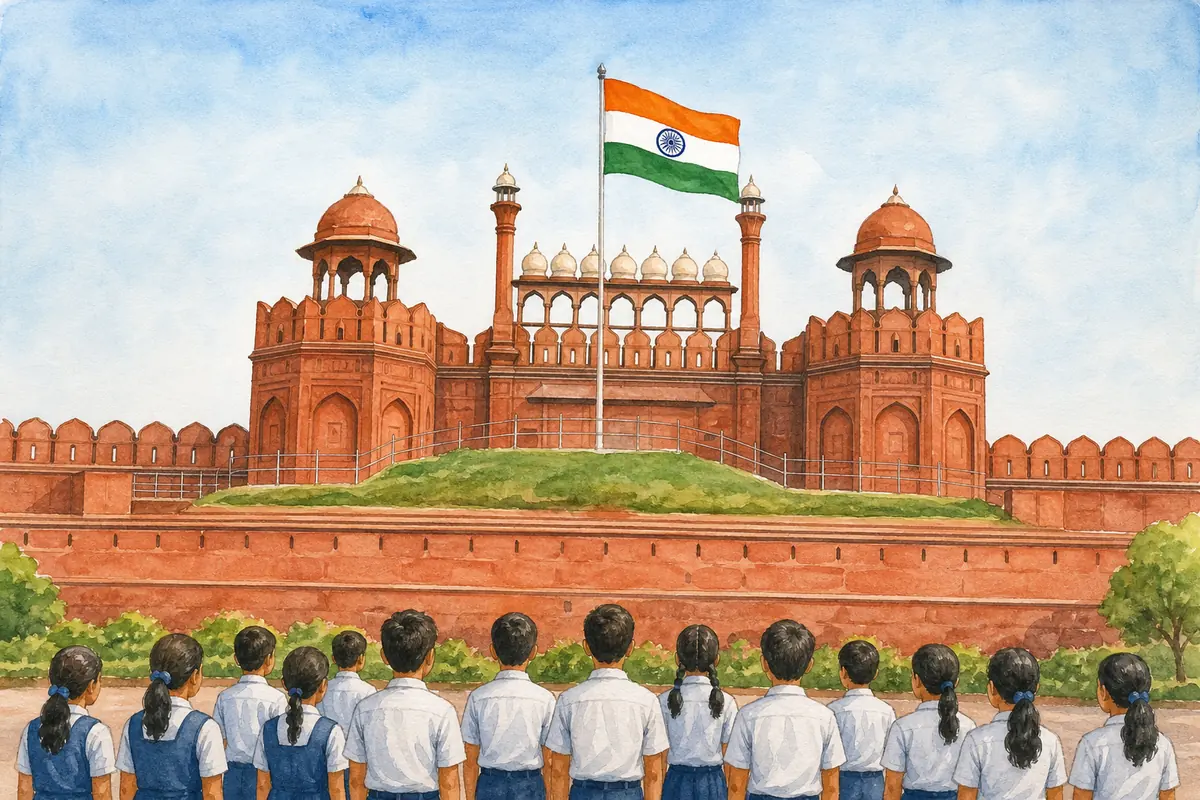 15 अगस्त ड्राइंग 2026: बच्चों के लिए Easy Independence Day Drawing और Poster Ideas 15 August Drawing में लाल किला और ध्वजारोहण