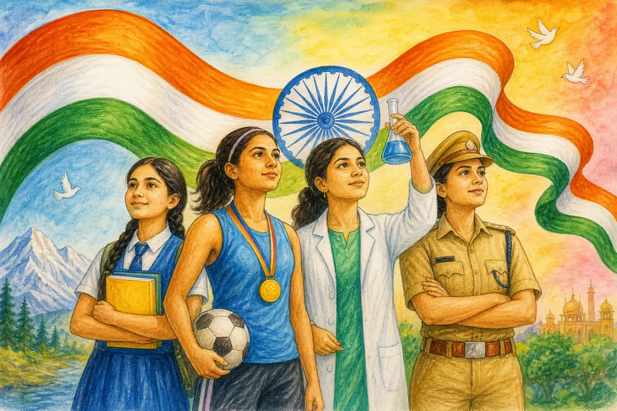 15 अगस्त ड्राइंग 2026: बच्चों के लिए Easy Independence Day Drawing और Poster Ideas 15 August Drawing में नारी शक्ति और तिरंगा