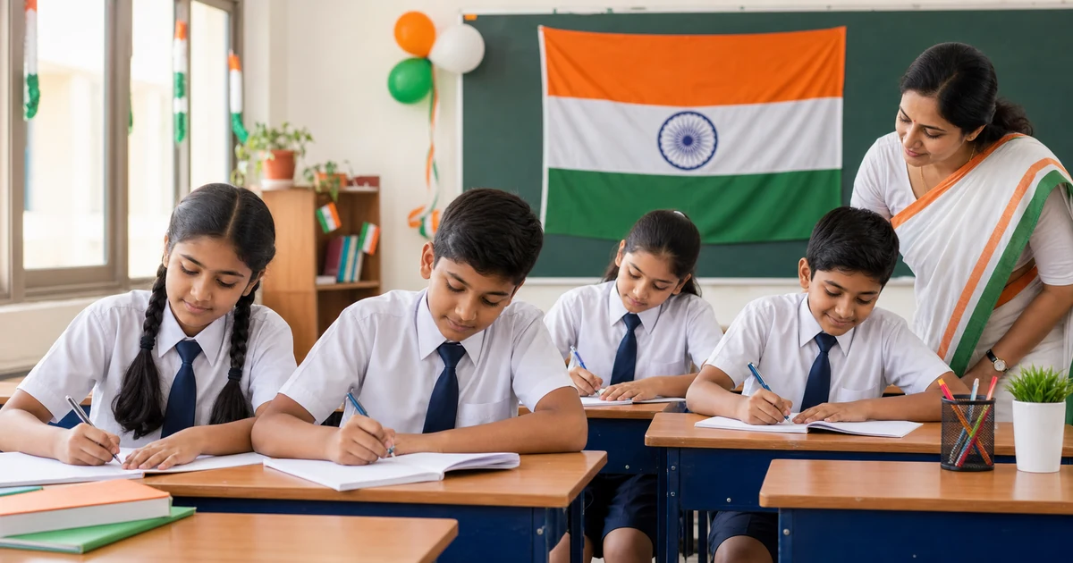 15 अगस्त पर निबंध 2026: 100 से 500 शब्दों में आसान निबंध 15 अगस्त पर निबंध लिखते भारतीय स्कूली विद्यार्थी