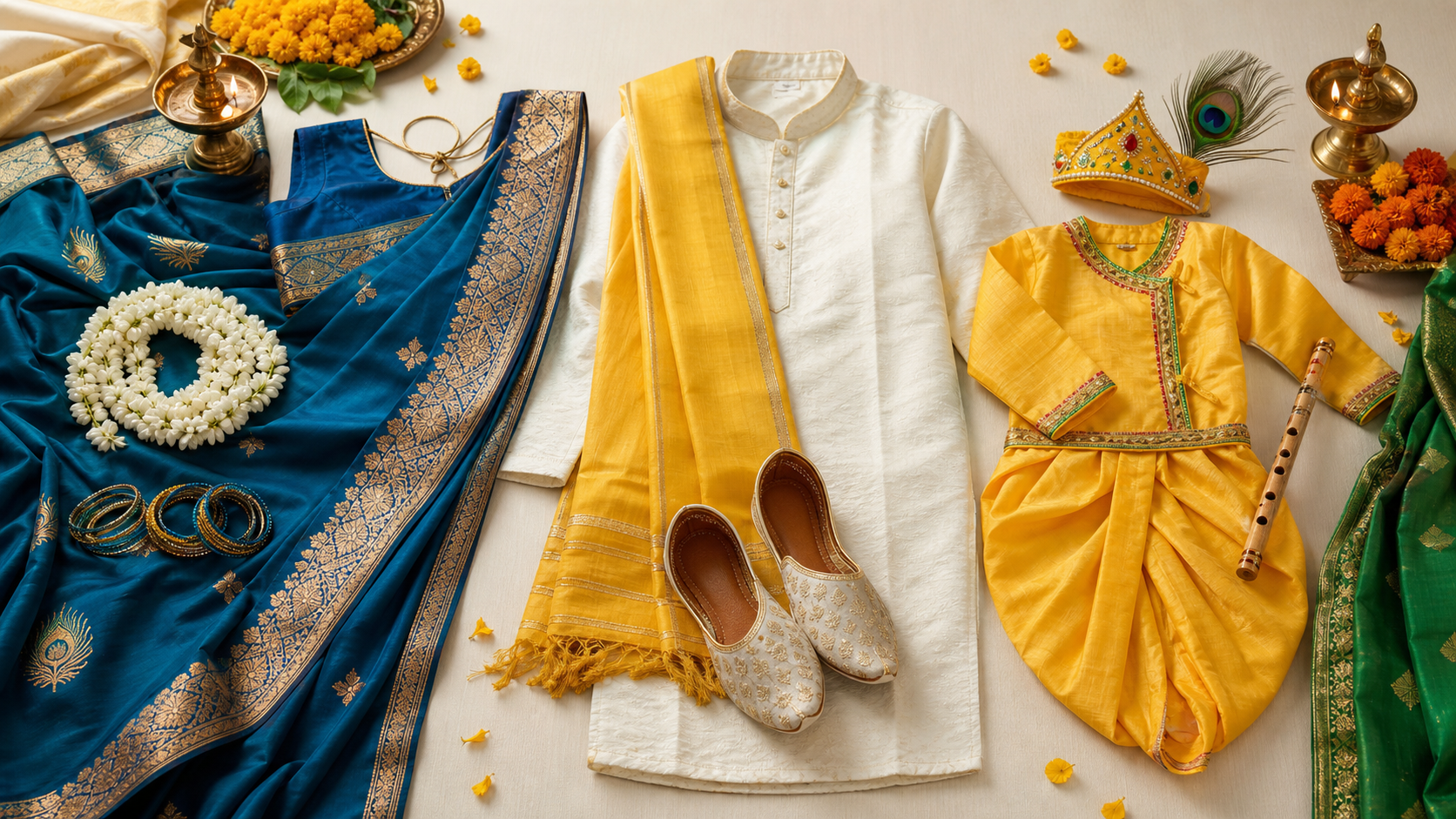 जन्माष्टमी पर क्या पहनें 2026: शुभ रंग और Traditional Dress Ideas जन्माष्टमी पर क्या पहनें 2026 - महिला पुरुष और बच्चों की ड्रेस