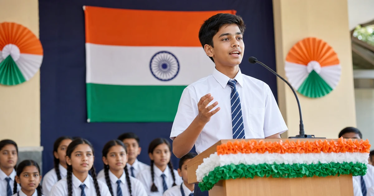 स्वतंत्रता दिवस पर 2 मिनट का भाषण 2026: छात्रों के लिए दमदार हिंदी स्पीच स्कूल मंच पर स्वतंत्रता दिवस पर 2 मिनट का भाषण देता छात्र