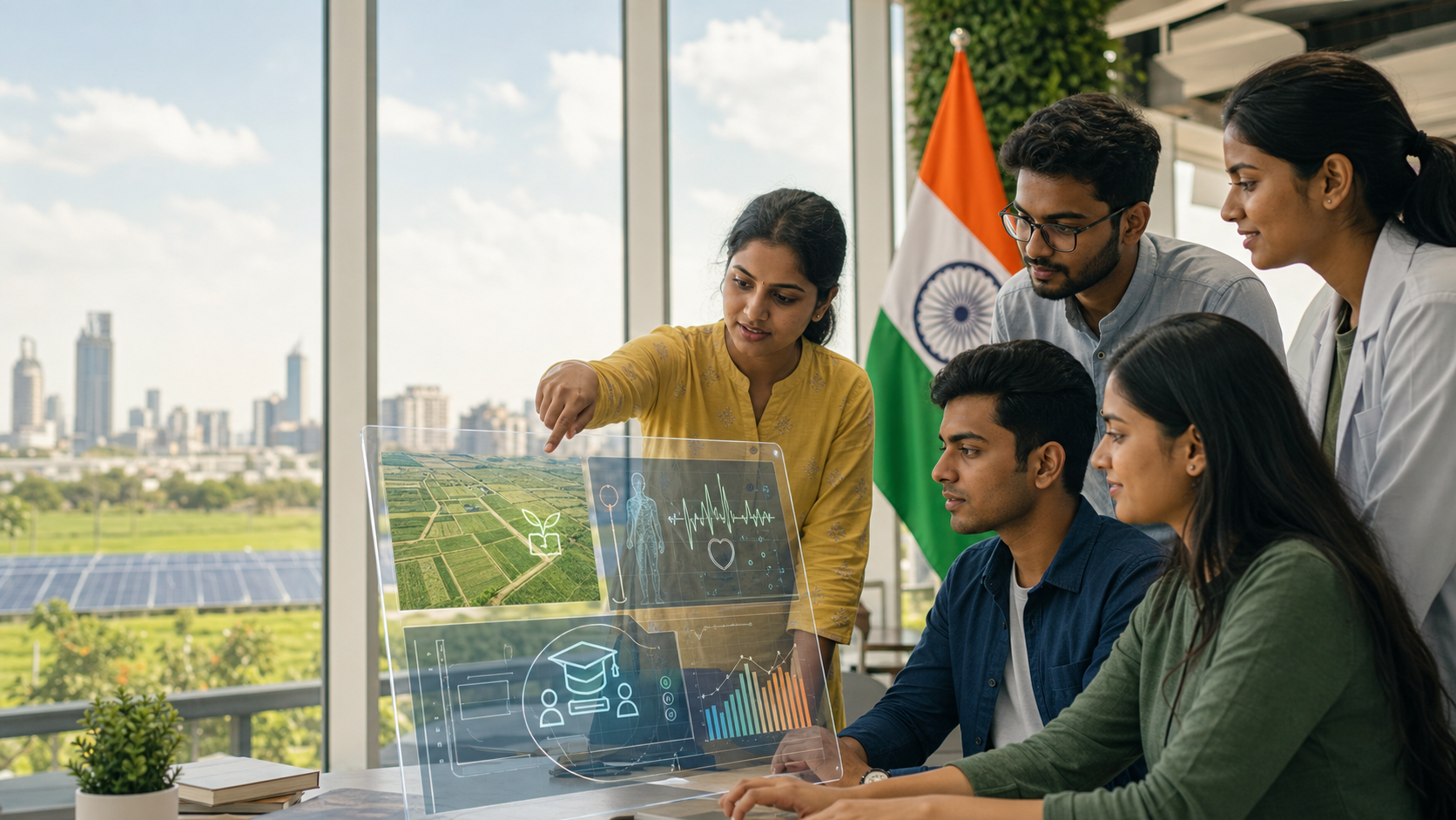 विकसित भारत 2047 में AI की भूमिका: 200 से 600 शब्दों में निबंध विकसित भारत 2047 में AI की भूमिका पर चर्चा करते भारतीय युवा