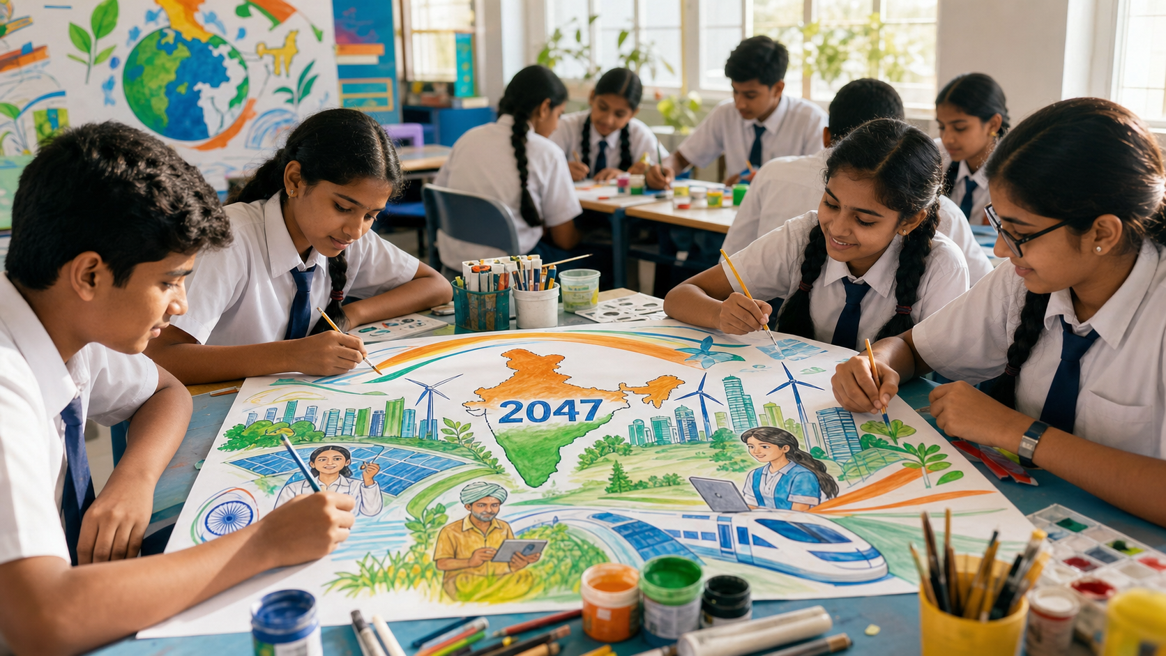 विकसित भारत 2047 पोस्टर ड्राइंग: 20 Easy और Creative Ideas विकसित भारत 2047 पोस्टर ड्राइंग बनाते भारतीय विद्यार्थी