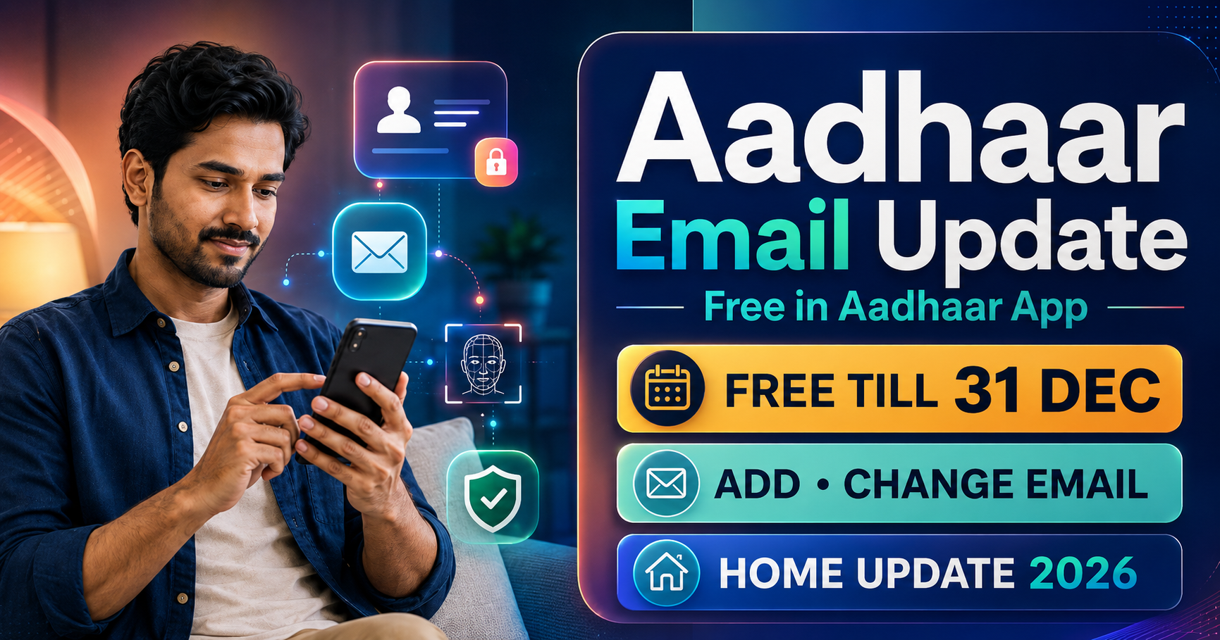 Aadhaar Email ID Update Online 2026: Aadhaar App से 31 December तक Free — घर बैठे Email कैसे बदलें Aadhaar email update online 2026 free in Aadhaar App till 31 December