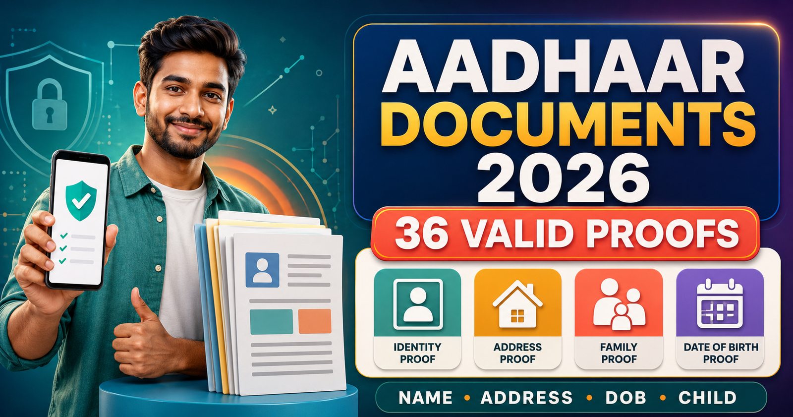 অসমীয়া নাৰীৰ সাজপাৰ চাদৰ Aadhaar Update Documents List 2026 के 36 valid proofs की premium featured illustration