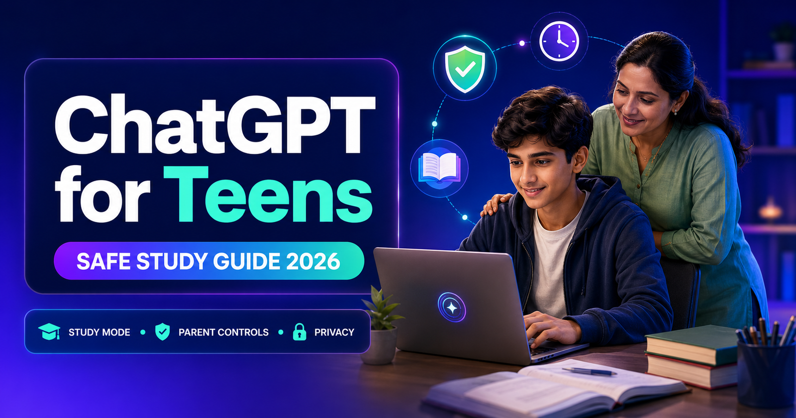 অসমীয়া নাৰীৰ সাজপাৰ চাদৰ ChatGPT for Teens safe study guide with parent controls and privacy icons