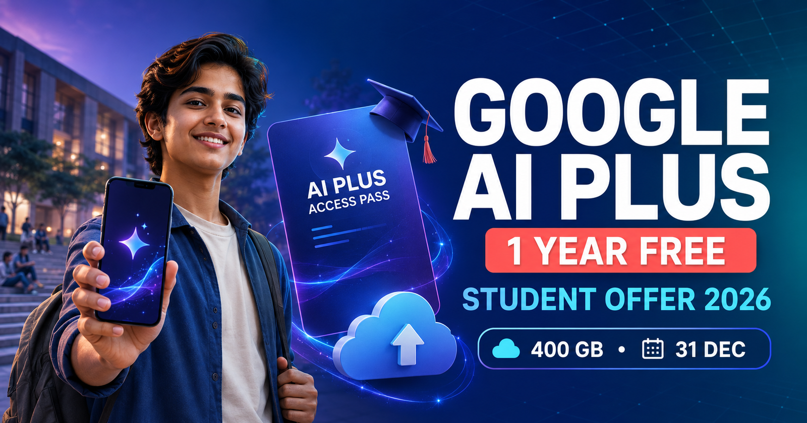 জন্মাষ্টমী Google AI Plus Free for Students 2026 offer दिखाता Indian college student