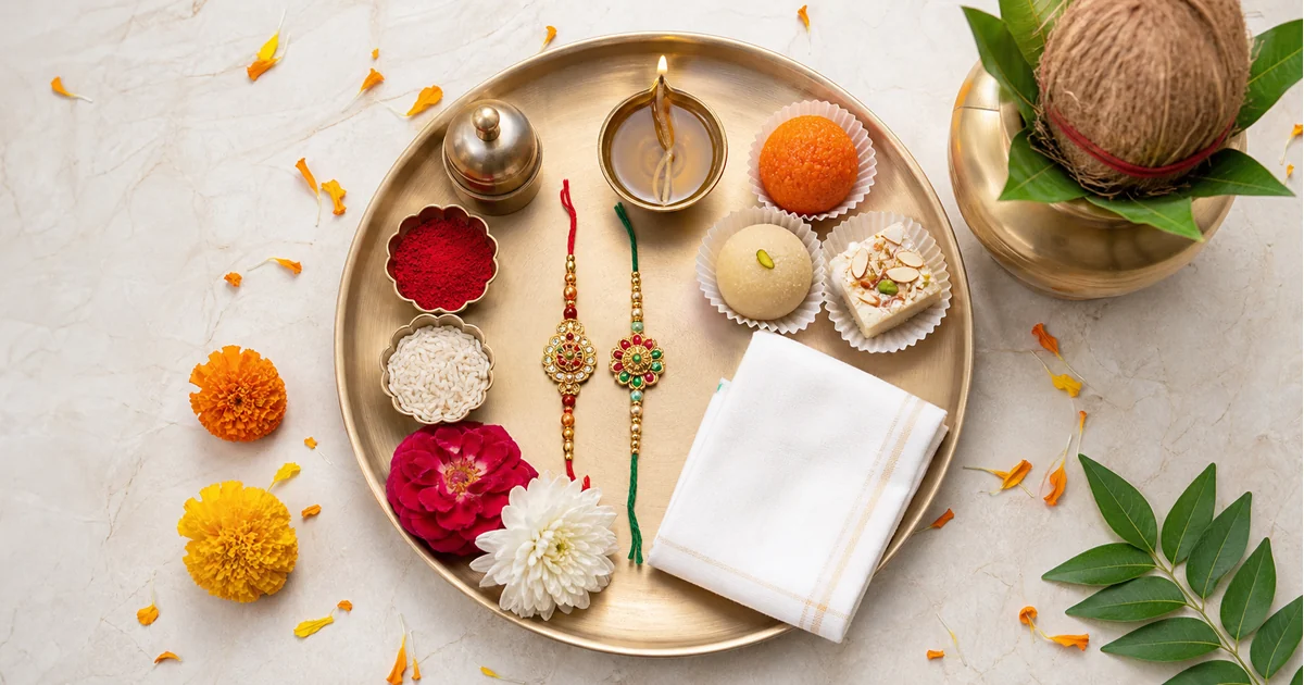 रक्षाबंधन पूजा थाली 2026: 10 जरूरी सामग्री, सजावट और पूरी विधि raksha bandhan puja thali 2026