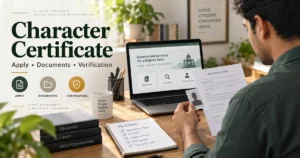 application for character certificate guide with applicant reviewing a form and documents