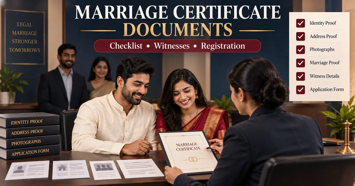দ্ৰছেৰাৰ চিকমিকনি আৰু অন্য কিবা Documents Required for Marriage Certificate checklist with couple witnesses and registrar