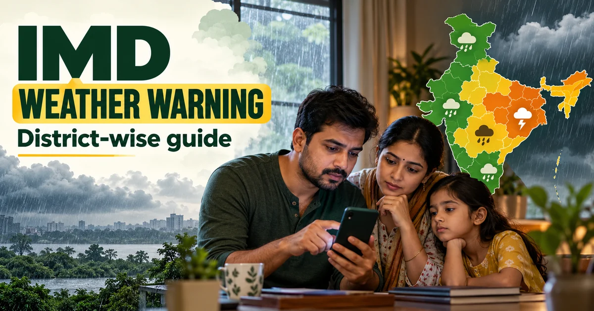 অসমীয়া নাৰীৰ সাজপাৰ চাদৰ imd weather warning district wise guide showing a family reviewing district alerts on a phone
