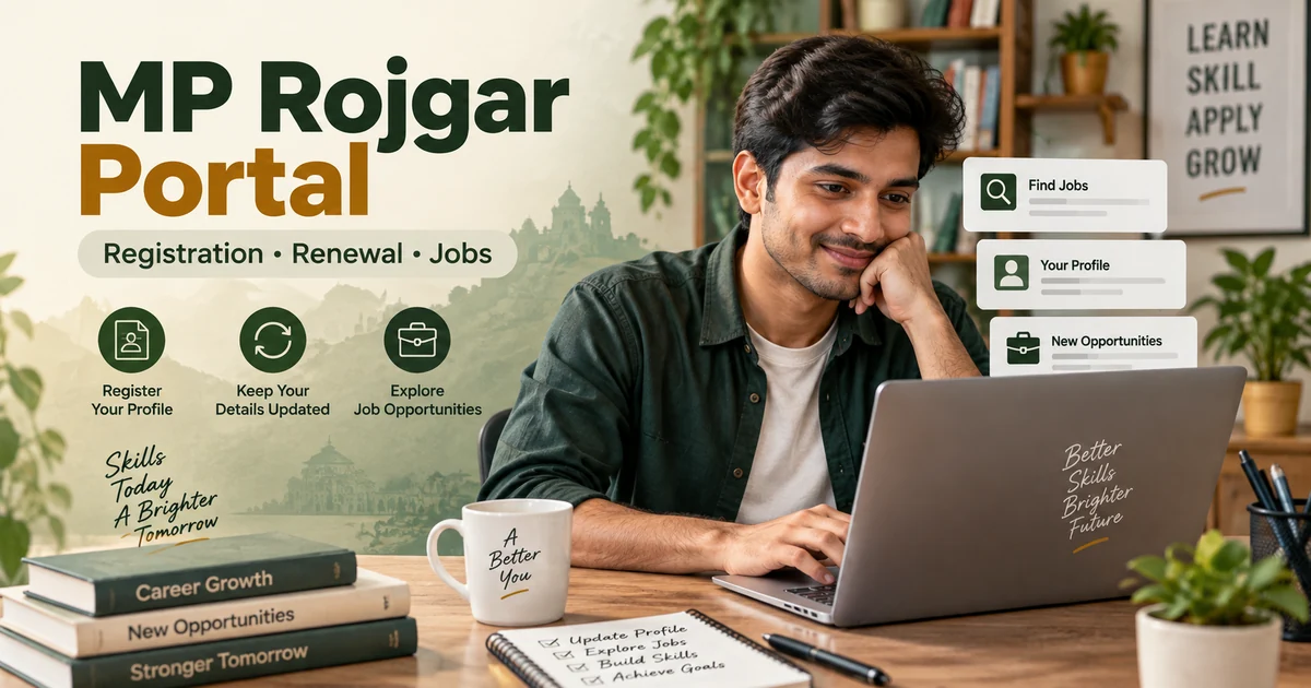 ভাওনাৰ ৰূপ বৈচিত্ৰ্য mp rojgar portal guide showing a Madhya Pradesh job seeker using a laptop