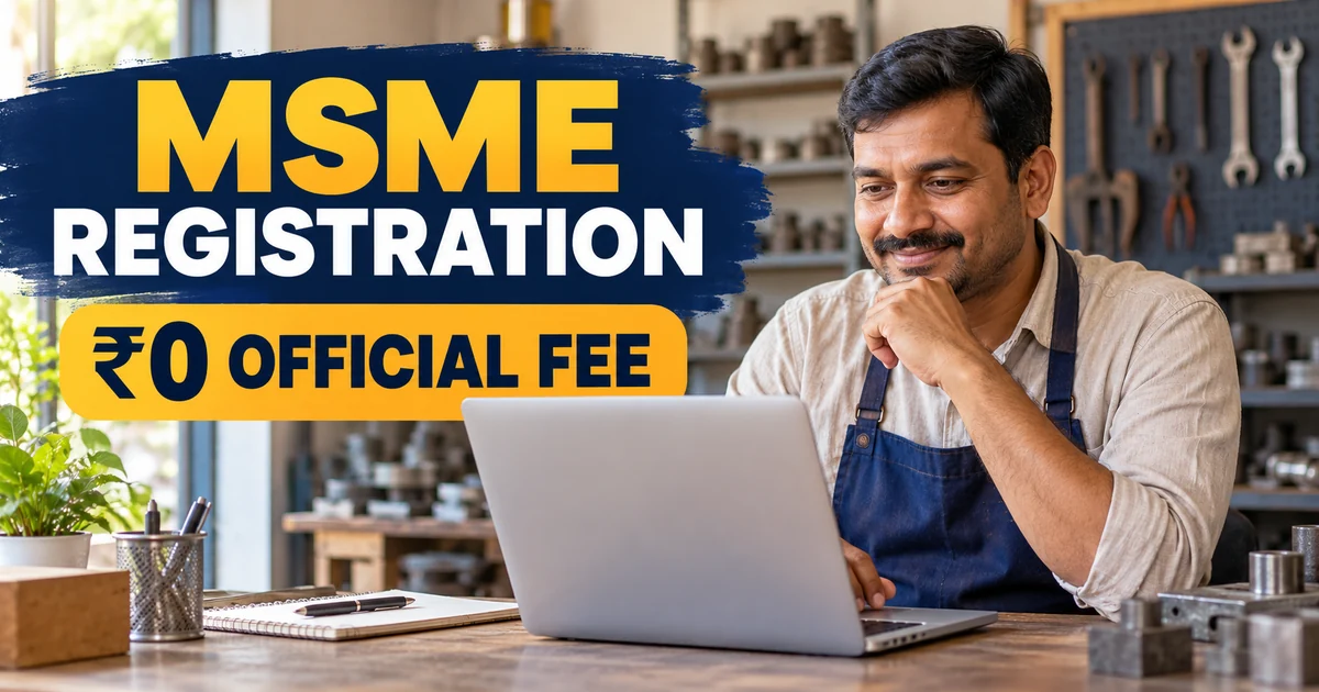 অসম ৰত্ন ড০ ভূপেন হাজৰিকাঃ এটি পৰ্যালোচনা msme registration fees guide showing a workshop owner beside a zero official fee headline