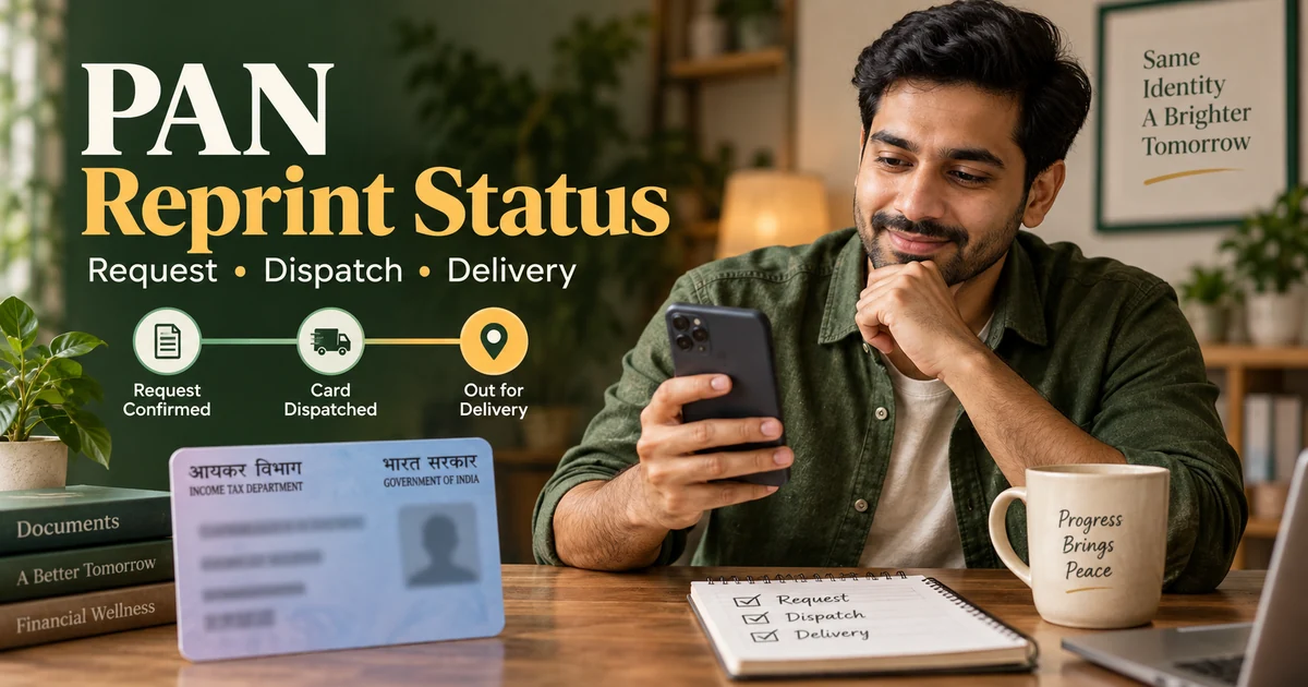 ভাওনাৰ ৰূপ বৈচিত্ৰ্য pan card reprint status guide with a person tracking a replacement card order on phone