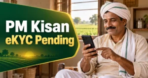 PM Kisan eKYC Pending guide showing a farmer checking authentication status