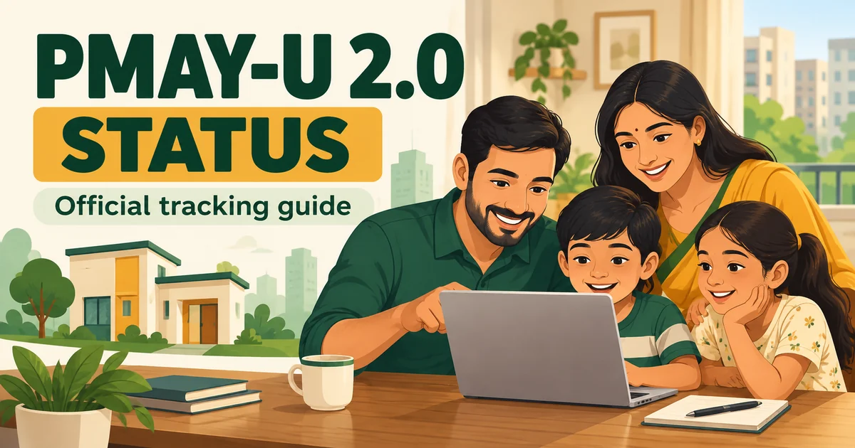 ভাওনাৰ ৰূপ বৈচিত্ৰ্য pmay urban 2.0 application status guide showing a family reviewing housing status on a laptop